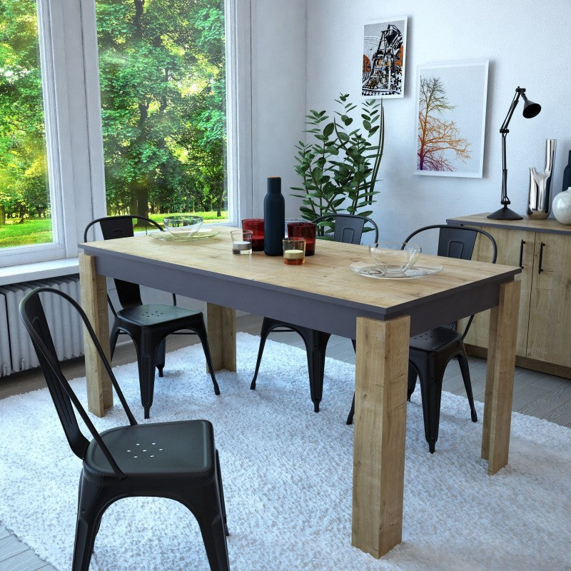 Mesa de comedor PHILIP, biIaminado roble con gris oscuro, 160 x 80 cms.