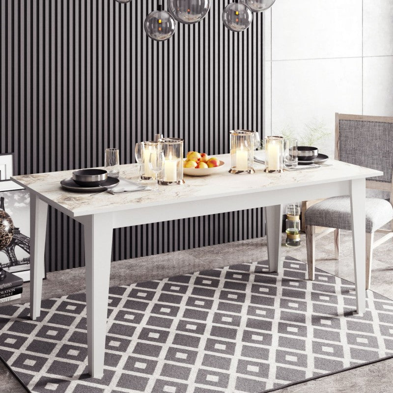 Mesa de comedor SIRENA, biIaminado mármol blanco, 180 x 90 cms.