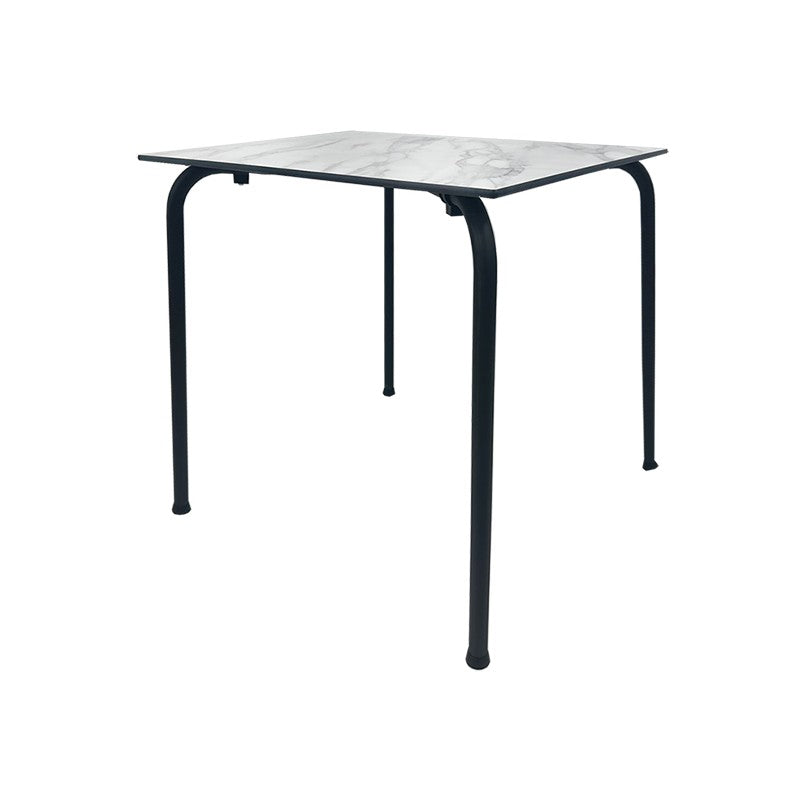 Mesa FERAY, apilable, epoxi color negro, tablero fenólico mármol blanco 69 x 69 cms.