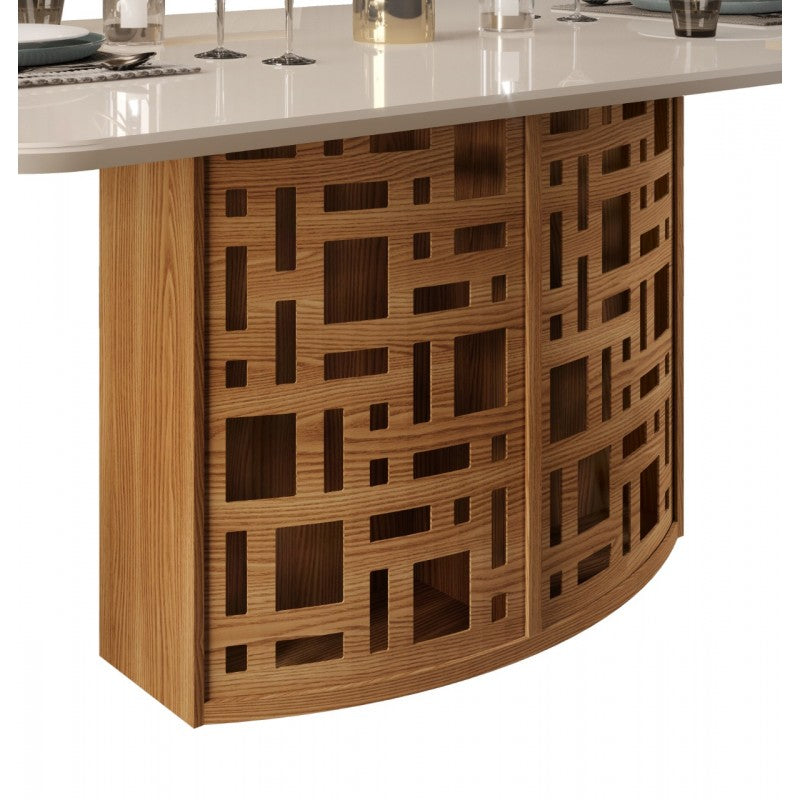 Mesa KELI, cristal, roble y blanco roto, 170x90 cms