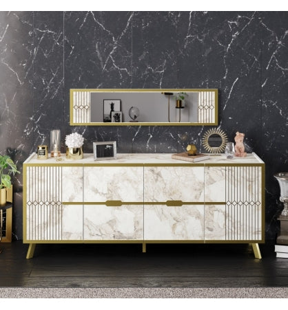 Aparador ELVIRIA, biIaminado mármol blanco con detalles dorados, 180 cms.