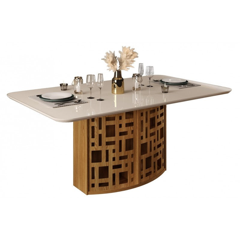 Mesa KELI, cristal, roble y blanco roto, 170x90 cms