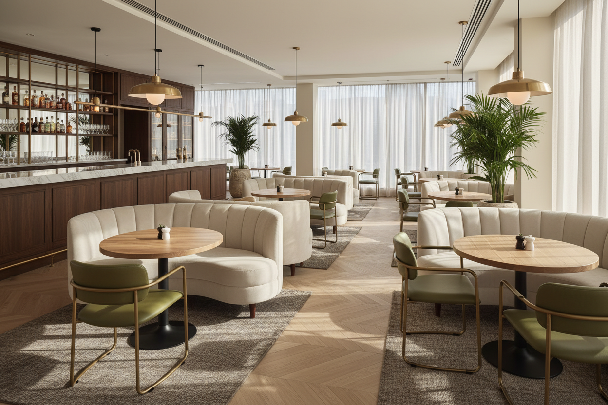 Salón hostelería con sofás y mesas de roble