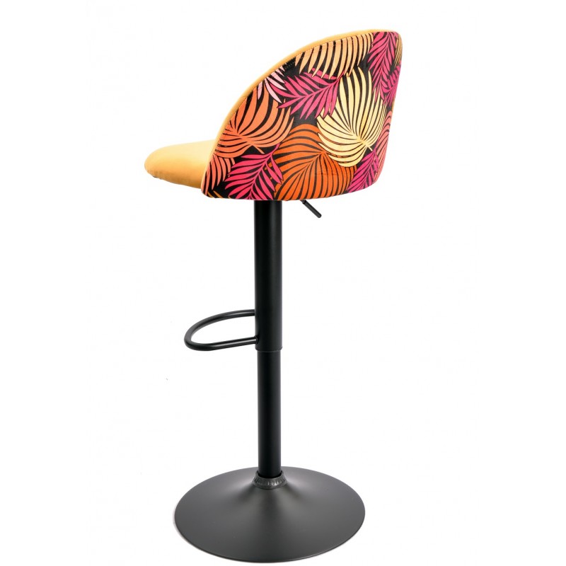 Taburete FLOWER, regulable, metal negro, tapizado velvet amarillo con trasera floral a juego