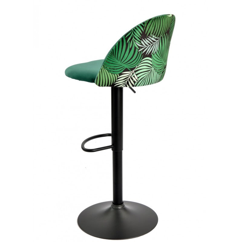 Taburete FLOWER, regulable, metal negro, tapizado velvet verde con trasera floral a juego