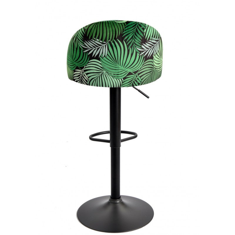 Taburete FLOWER, regulable, metal negro, tapizado velvet verde con trasera floral a juego