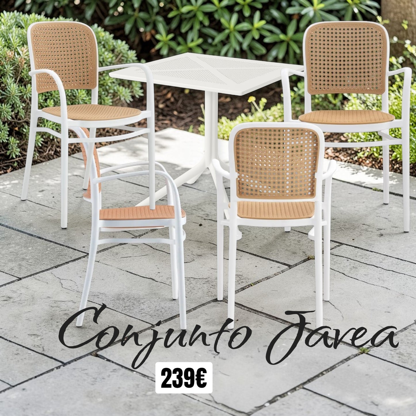 CONJUNTO JAVEA MESA 80*80 CMS + 4 SILLONES APILABLES