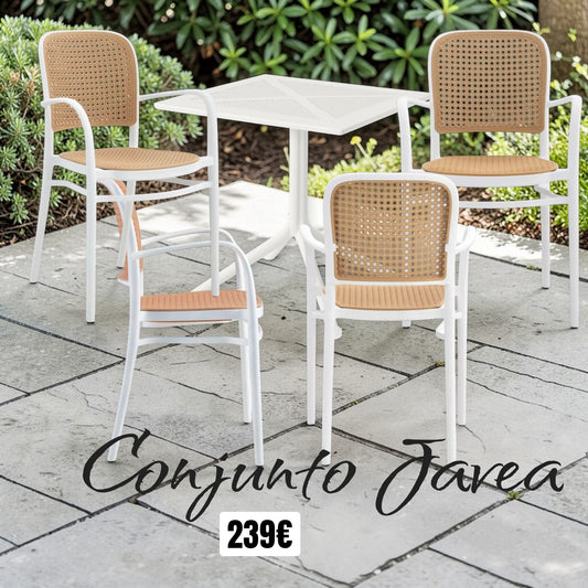 CONJUNTO JAVEA MESA 80*80 CMS + 4 SILLONES APILABLES