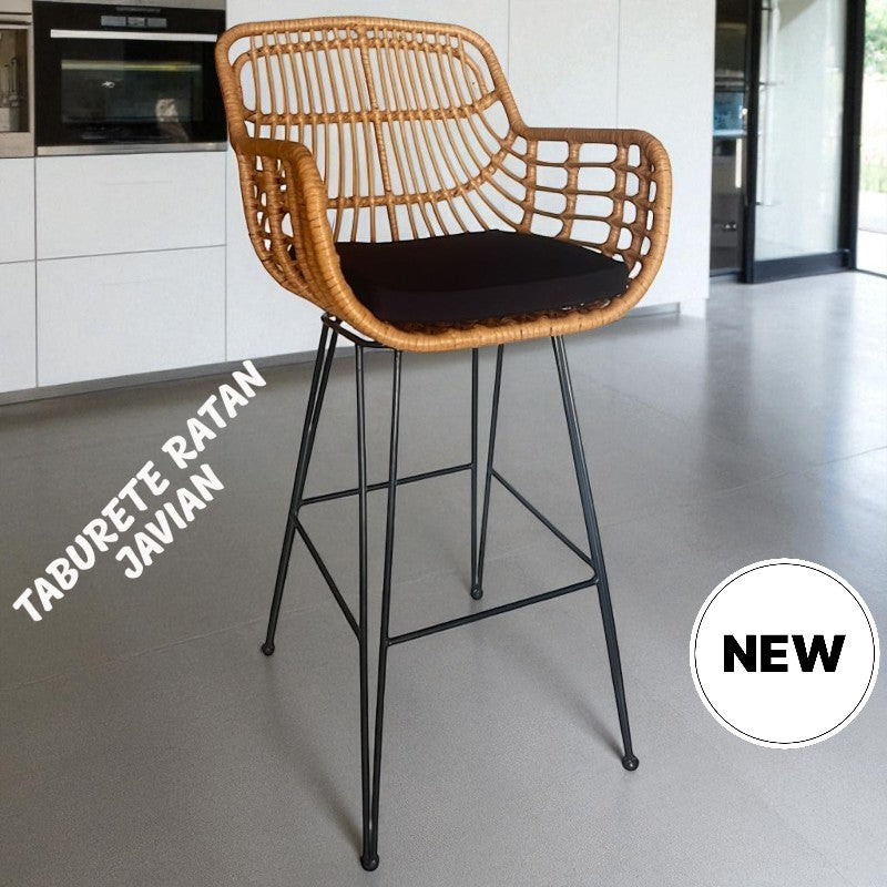 Taburete JAMBI, metal, ratán beige, cojín negro